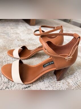 Nine West Tan and Cream Strappy Block Heel Sandals
